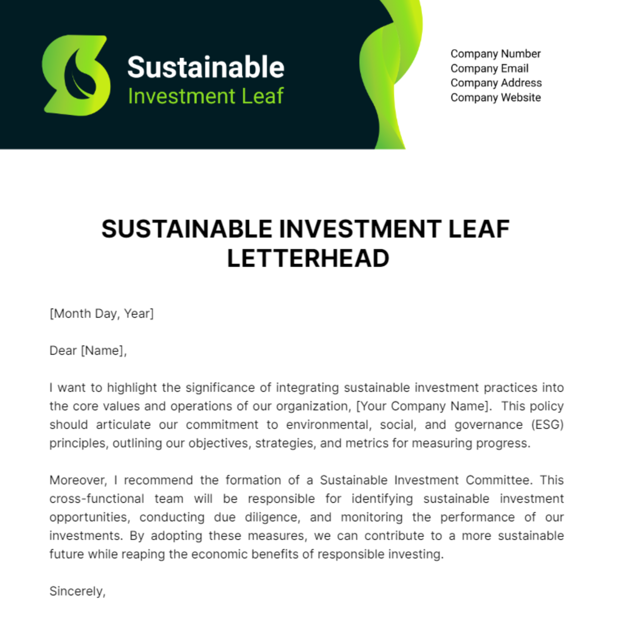 Free Sustainable Investment Leaf Letterhead Template