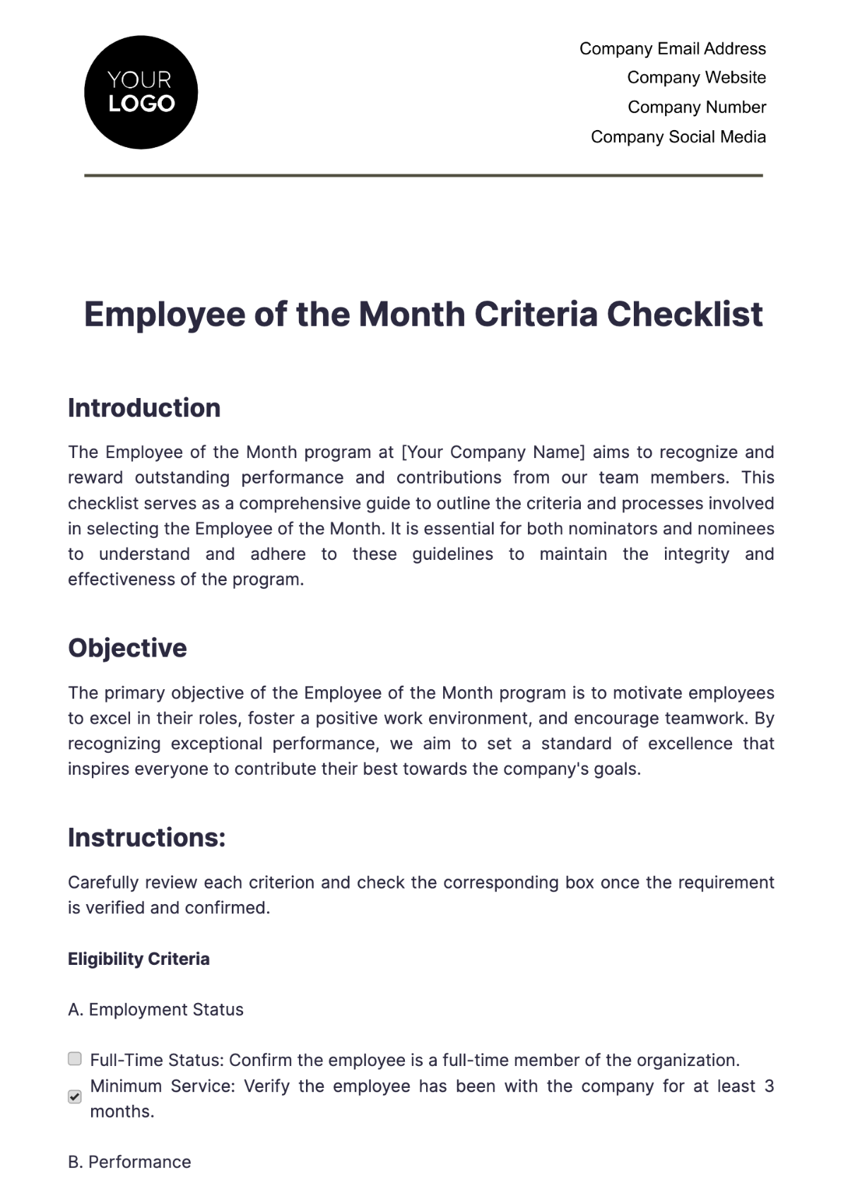 Employee of the Month Criteria Checklist HR Template - Edit Online & Download