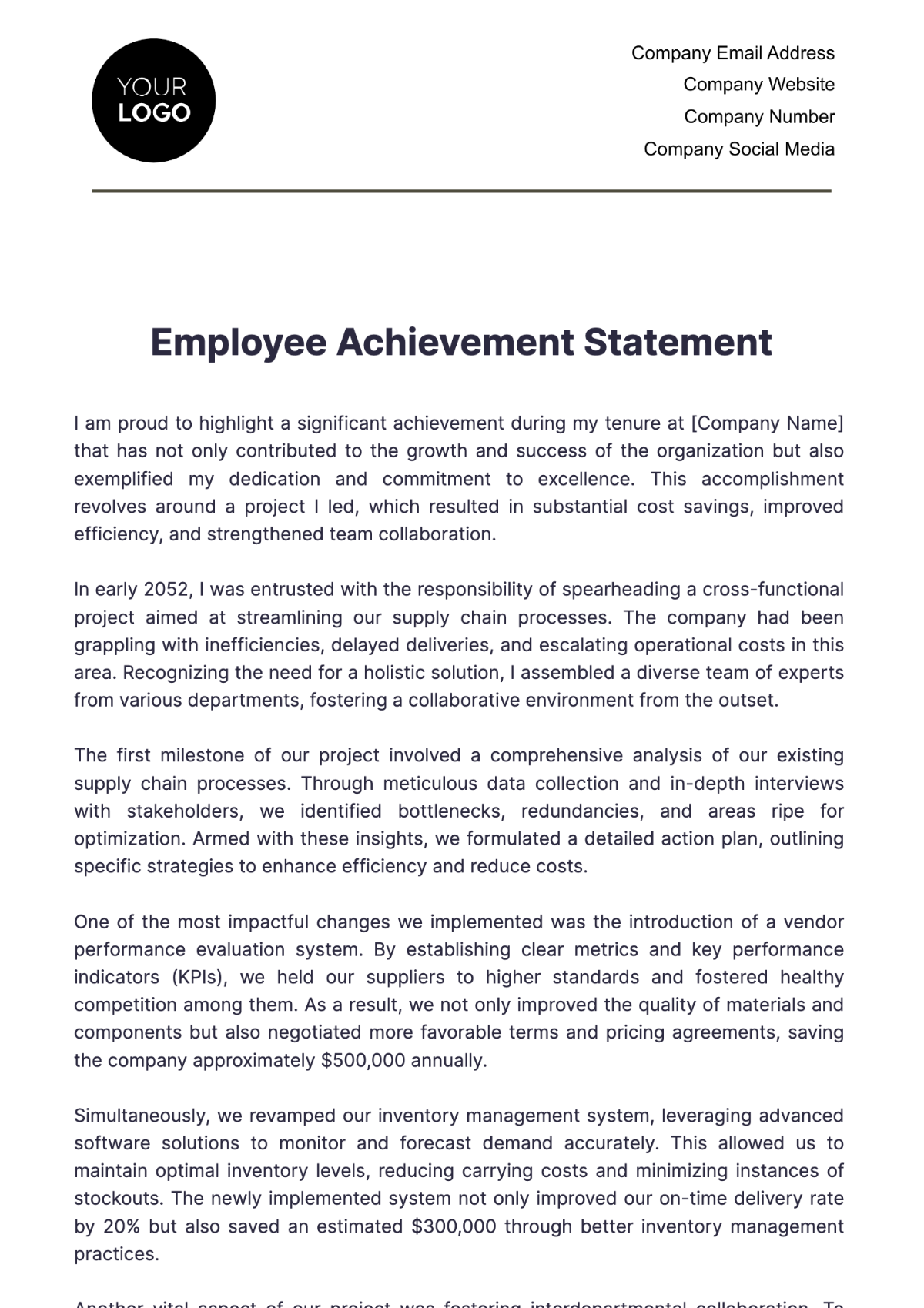 Employee Achievement Statement HR Template - Edit Online & Download