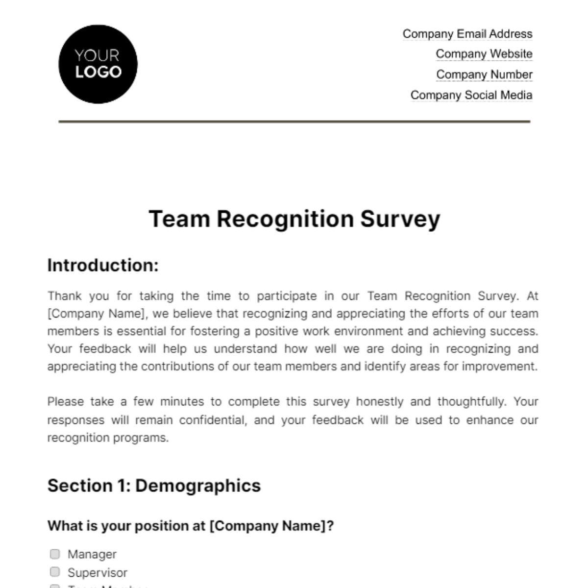 Team Recognition Survey HR Template