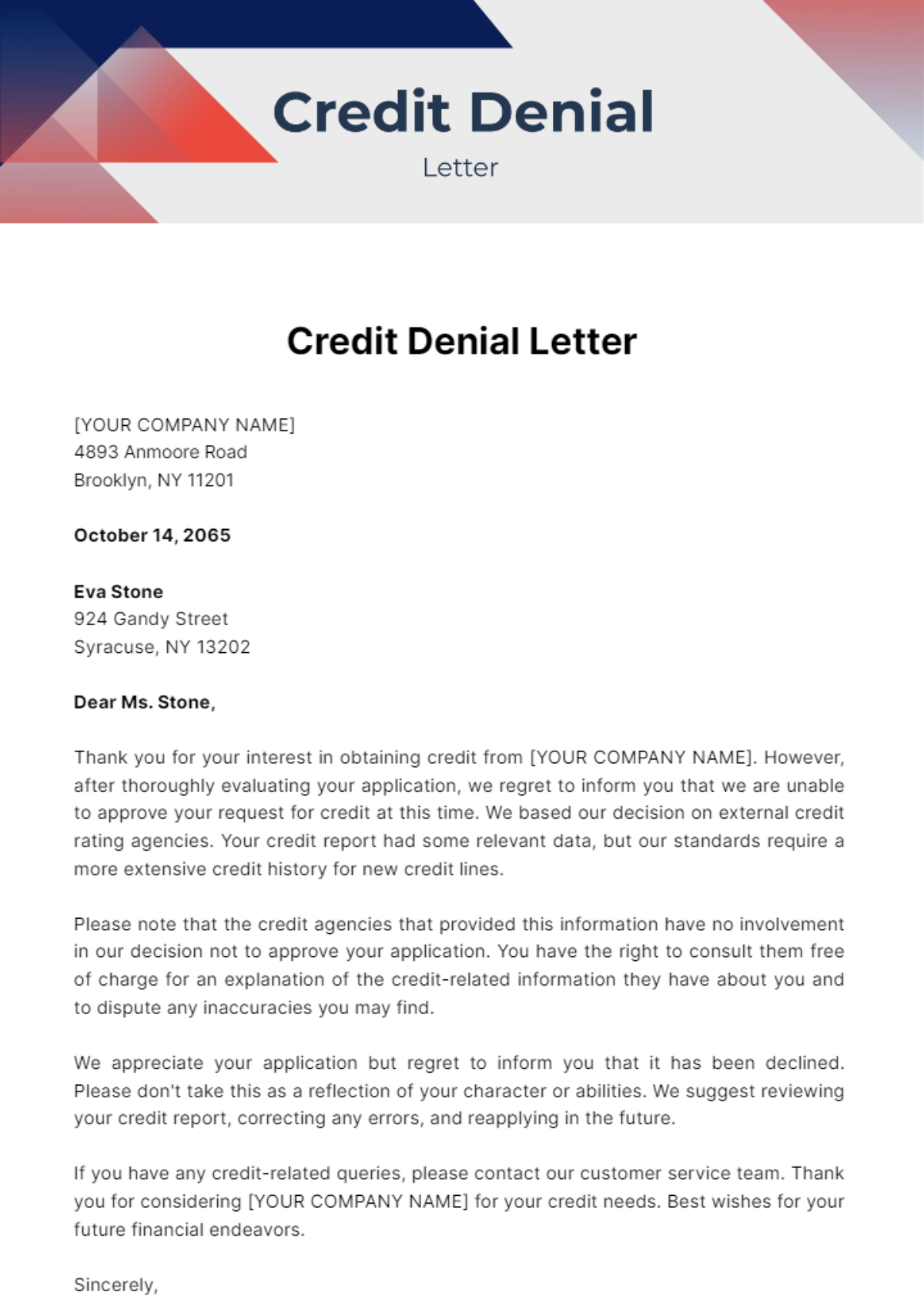 Credit Denial Letter Template