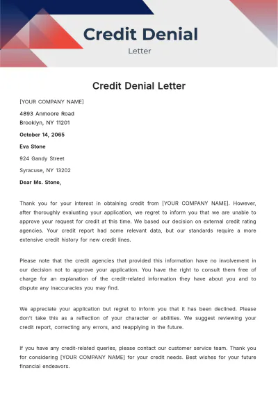 Free Credit Denial Letter Template to Edit Online