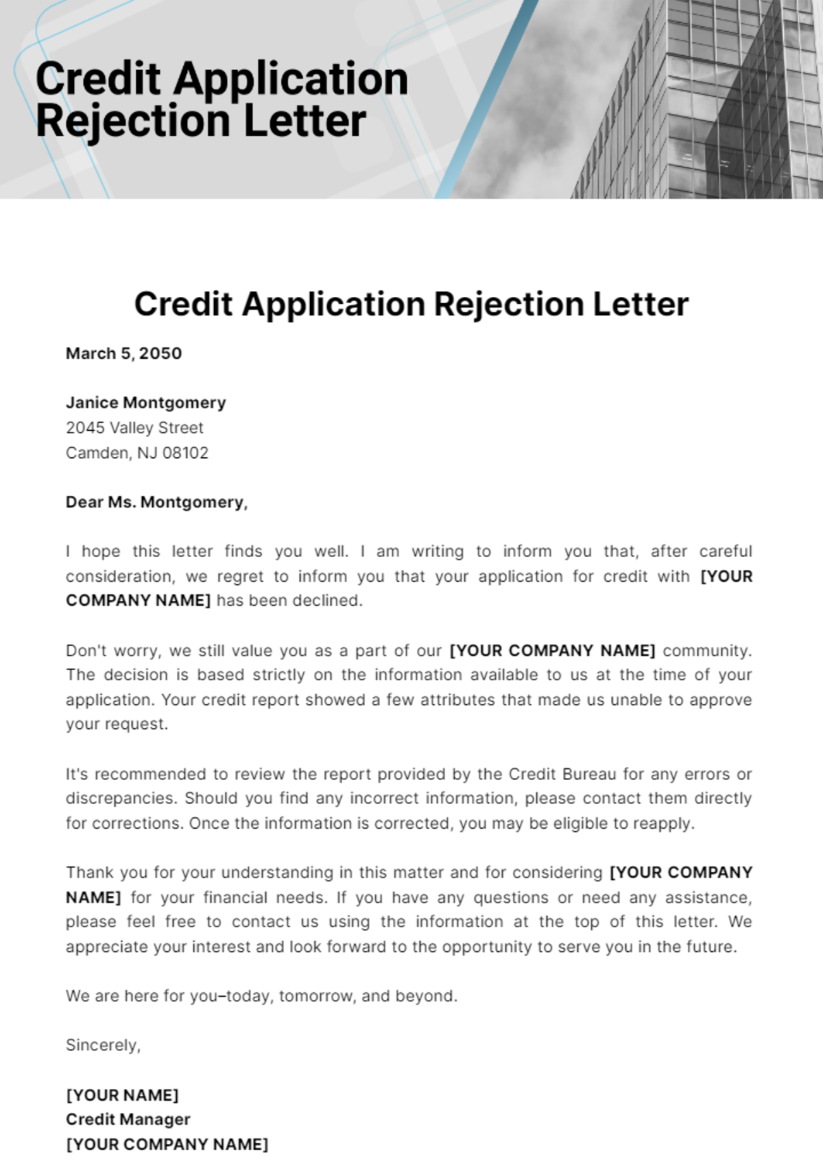 Credit Application Rejection Letter Template