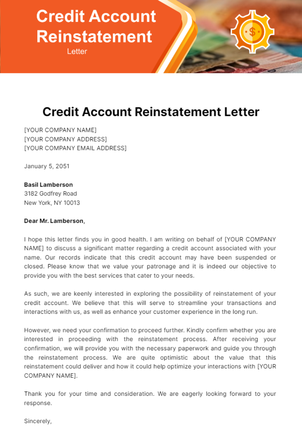 Credit Account Reinstatement Letter Template