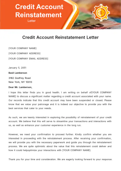 Free Credit Account Reinstatement Letter Template to Edit Online