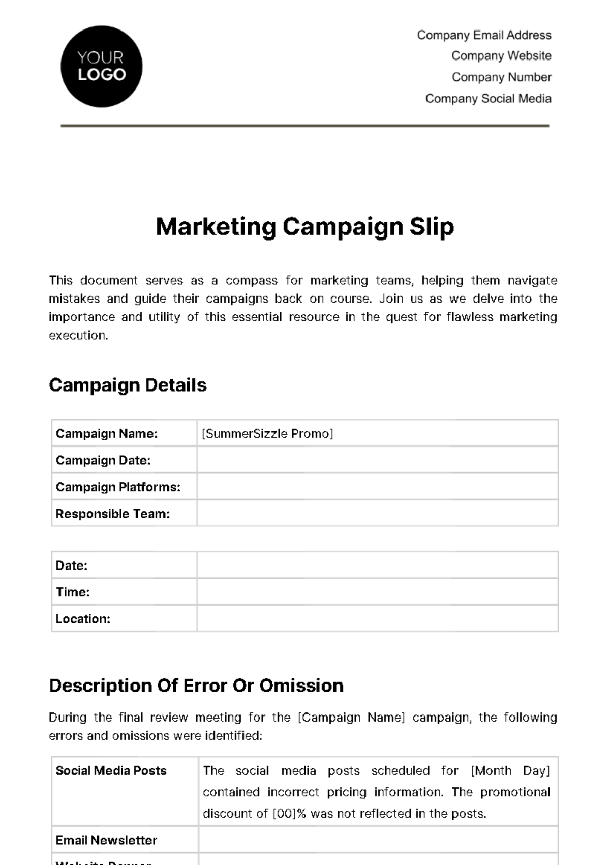 Marketing Campaign Slip (for errors or omissions) Template
