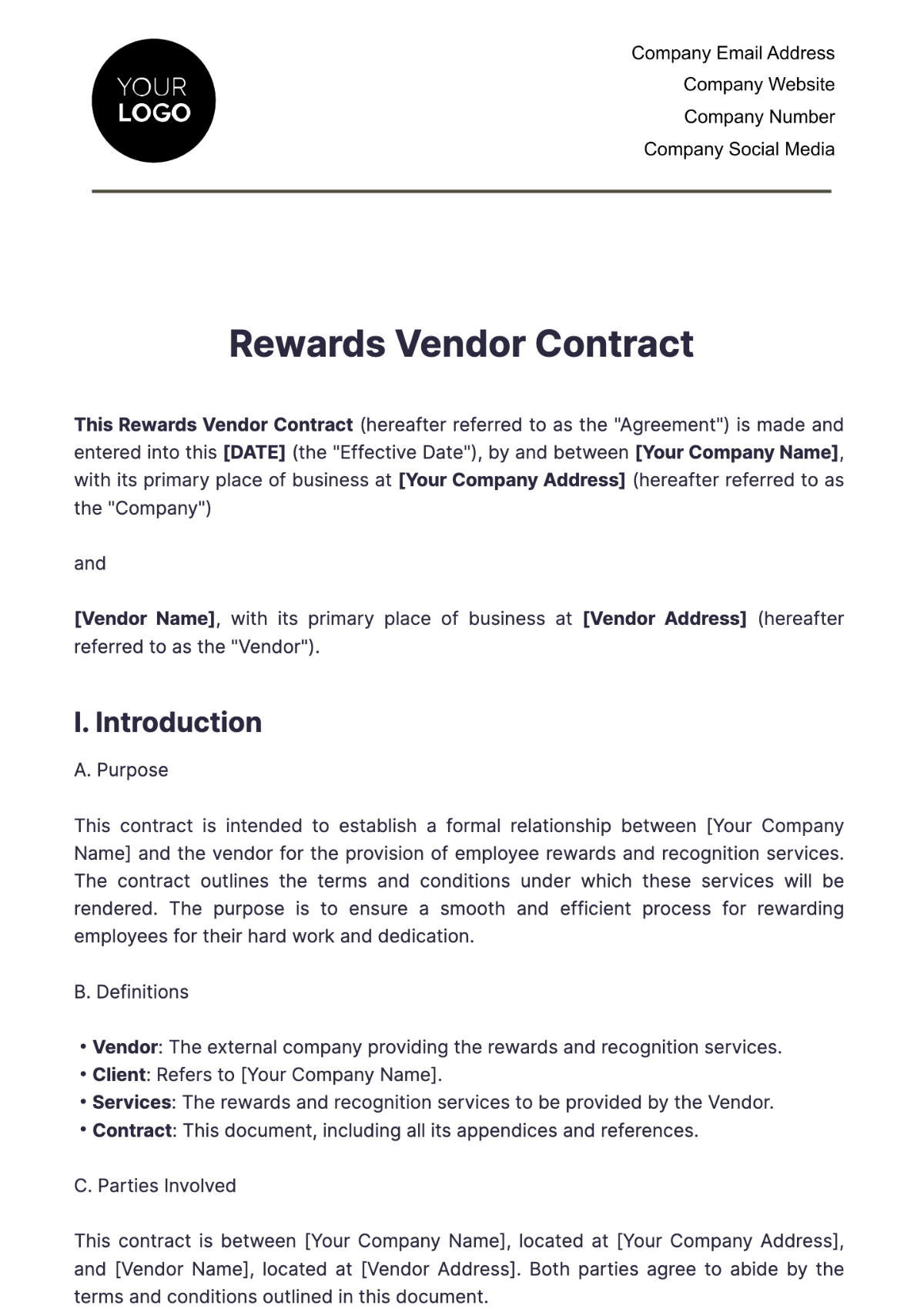 Rewards Vendor Contract HR Template - Edit Online & Download