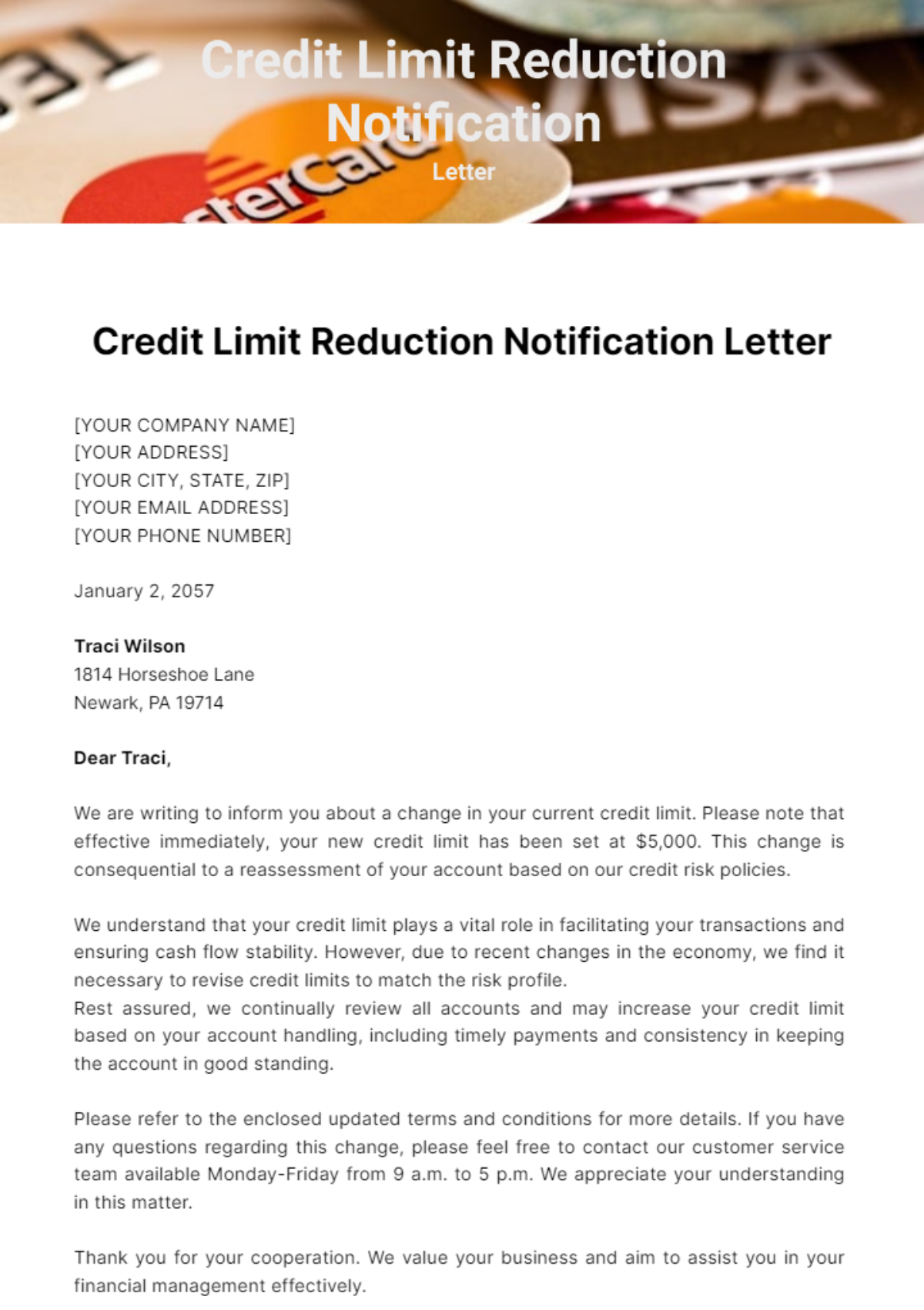 Credit Limit Reduction Notification Letter Template