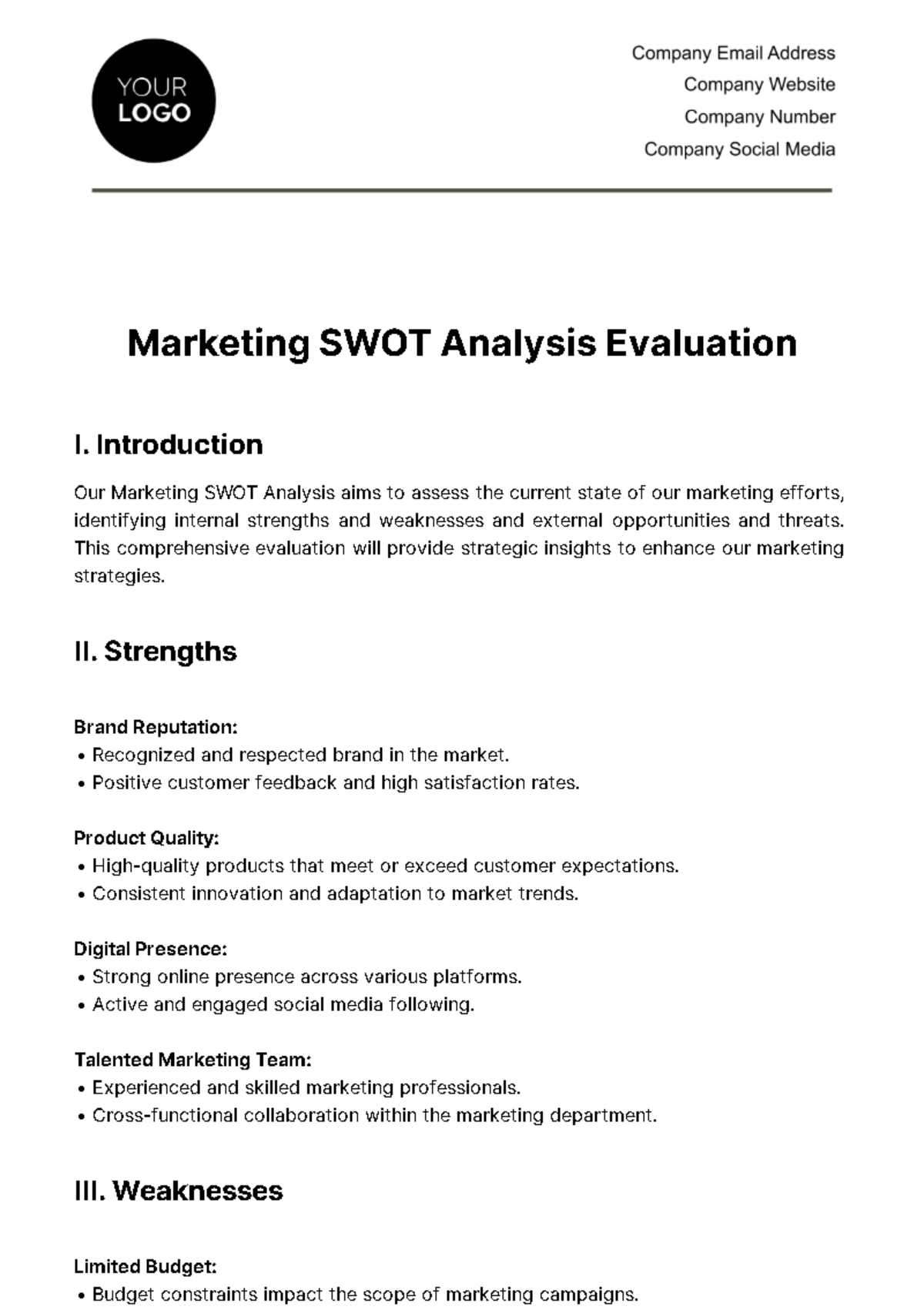 Marketing SWOT Analysis Evaluation Template