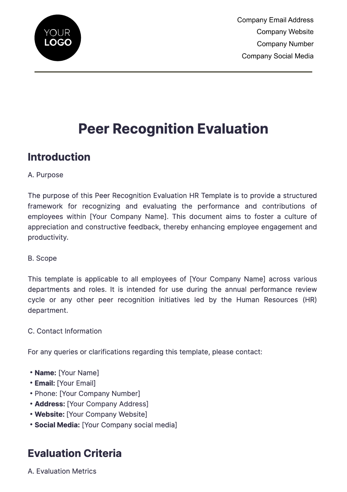 Peer Recognition Evaluation HR Template - Edit Online & Download