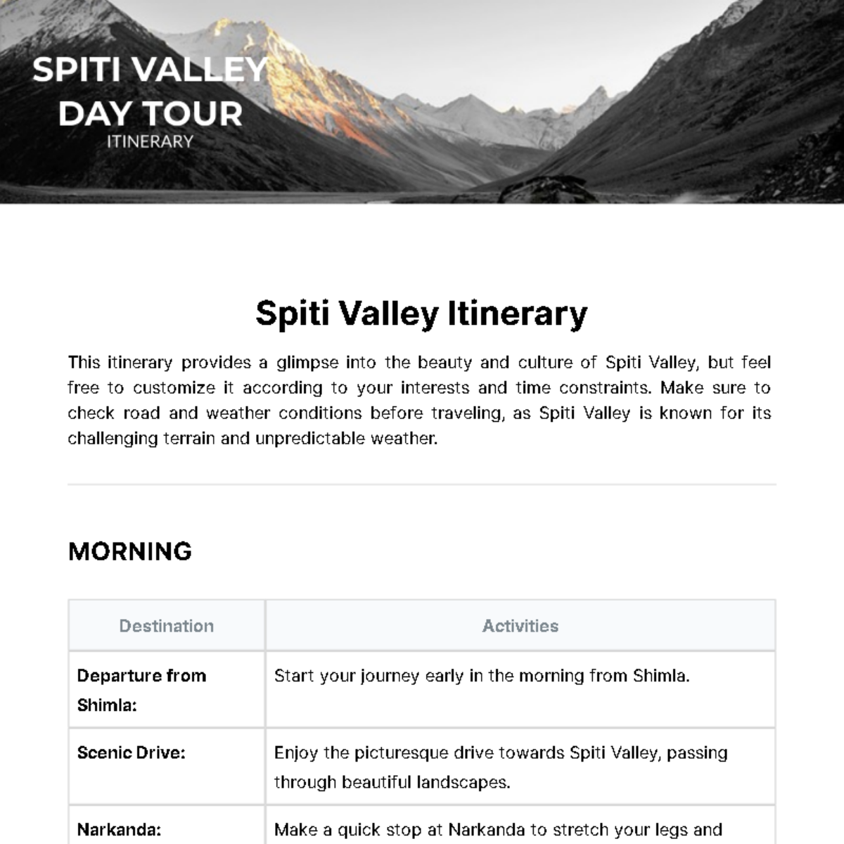 Spiti Valley Itinerary Template - Edit Online & Download