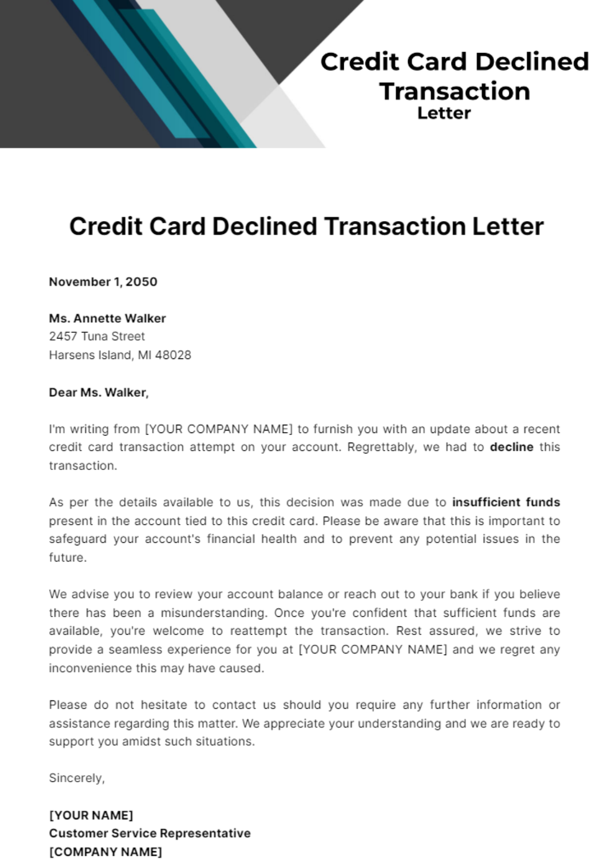 Credit Card Declined Transaction Letter Template