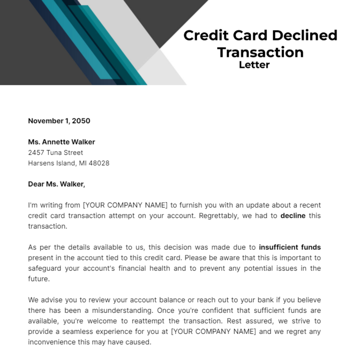 Credit Card Declined Transaction Letter Template Edit Online And Download Example 7012