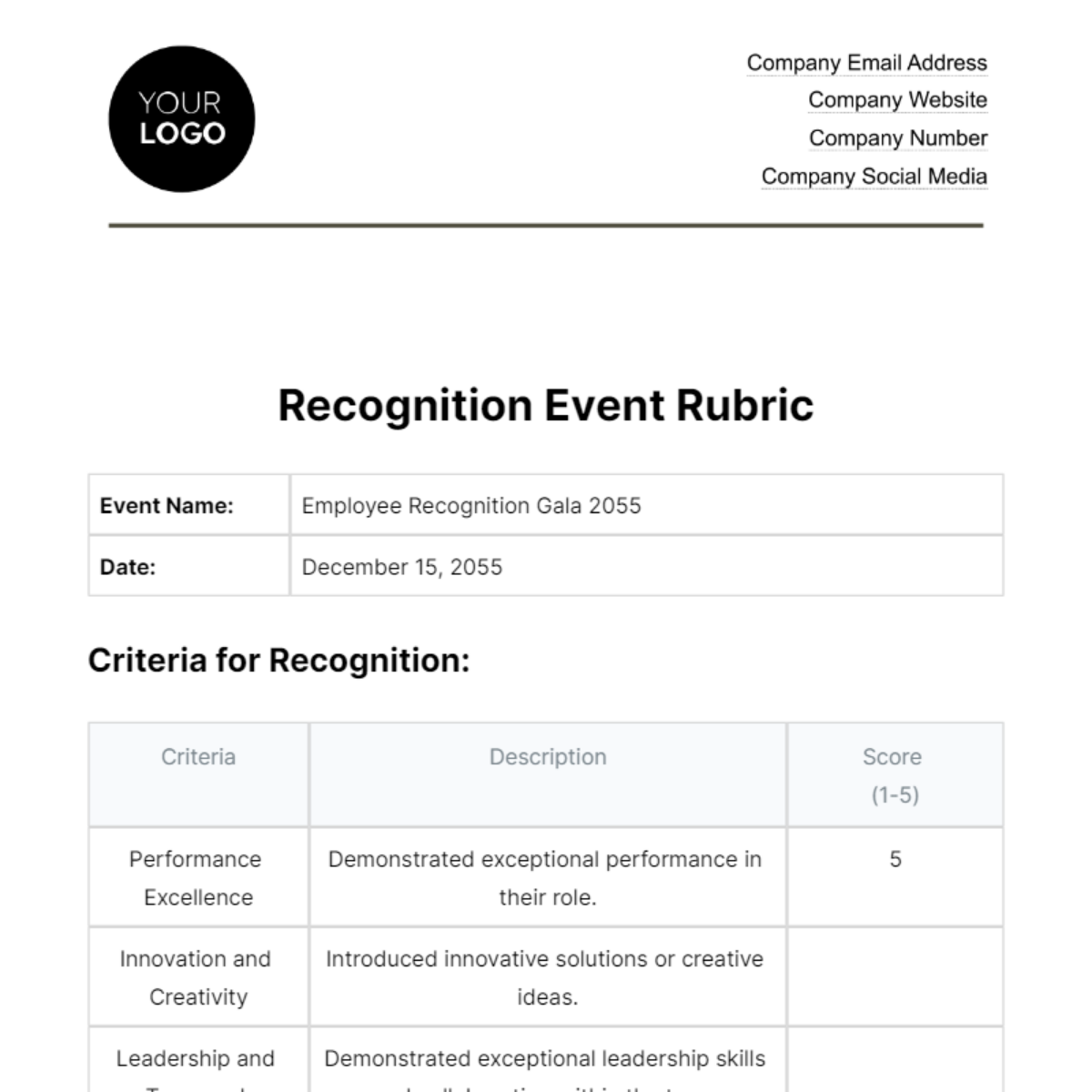 Recognition Event Rubric HR Template