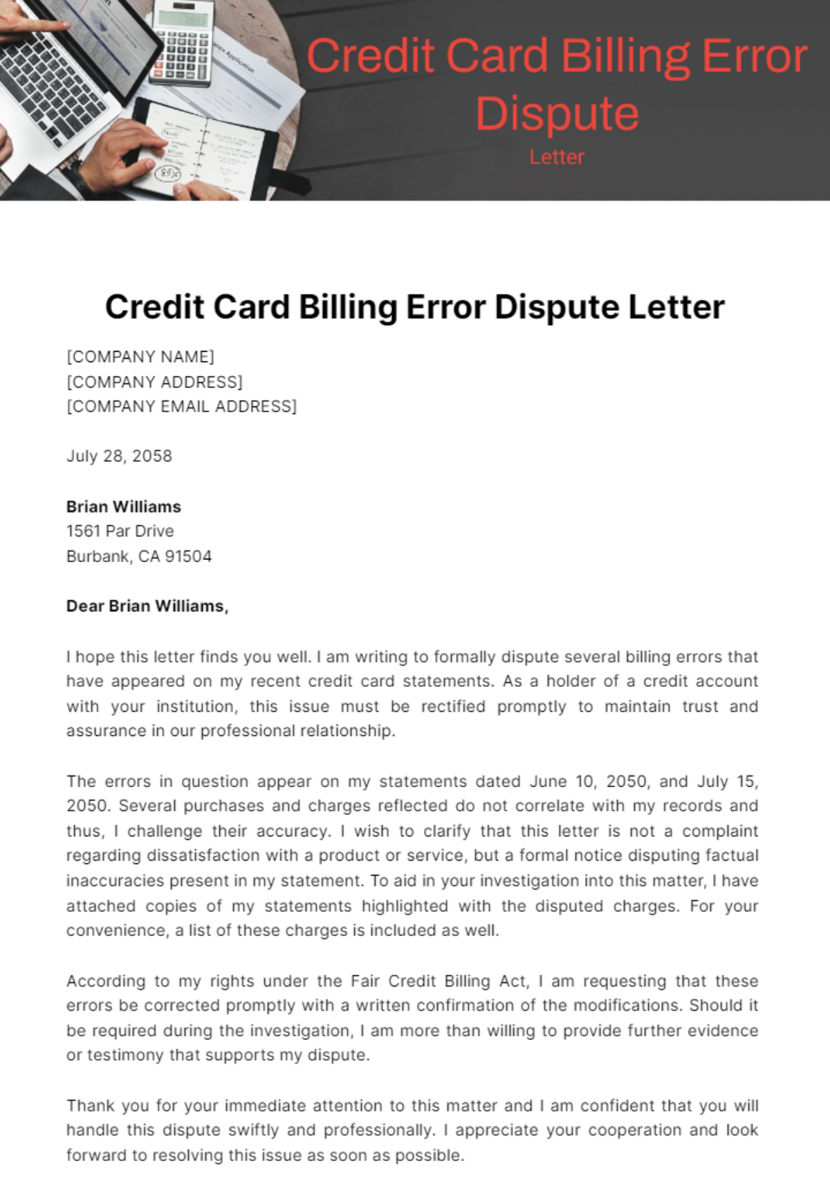 Credit Card Billing Error Dispute Letter Template