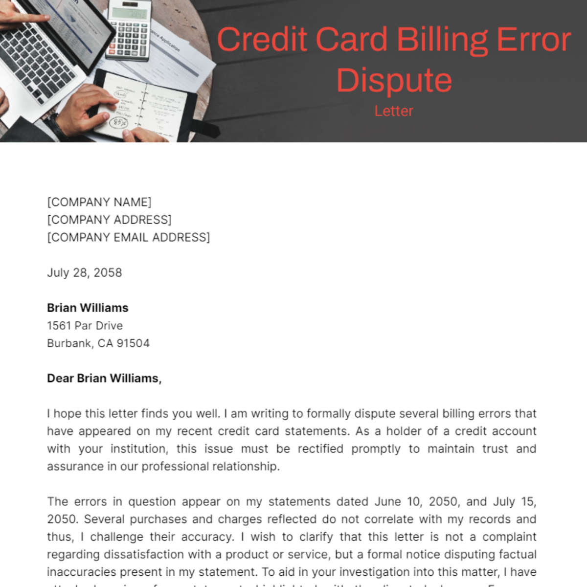 Credit Card Billing Error Dispute Letter Template - Edit Online & Download