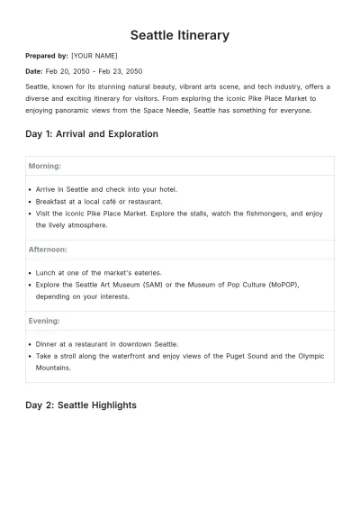 Free Seattle Itinerary Template to Edit Online