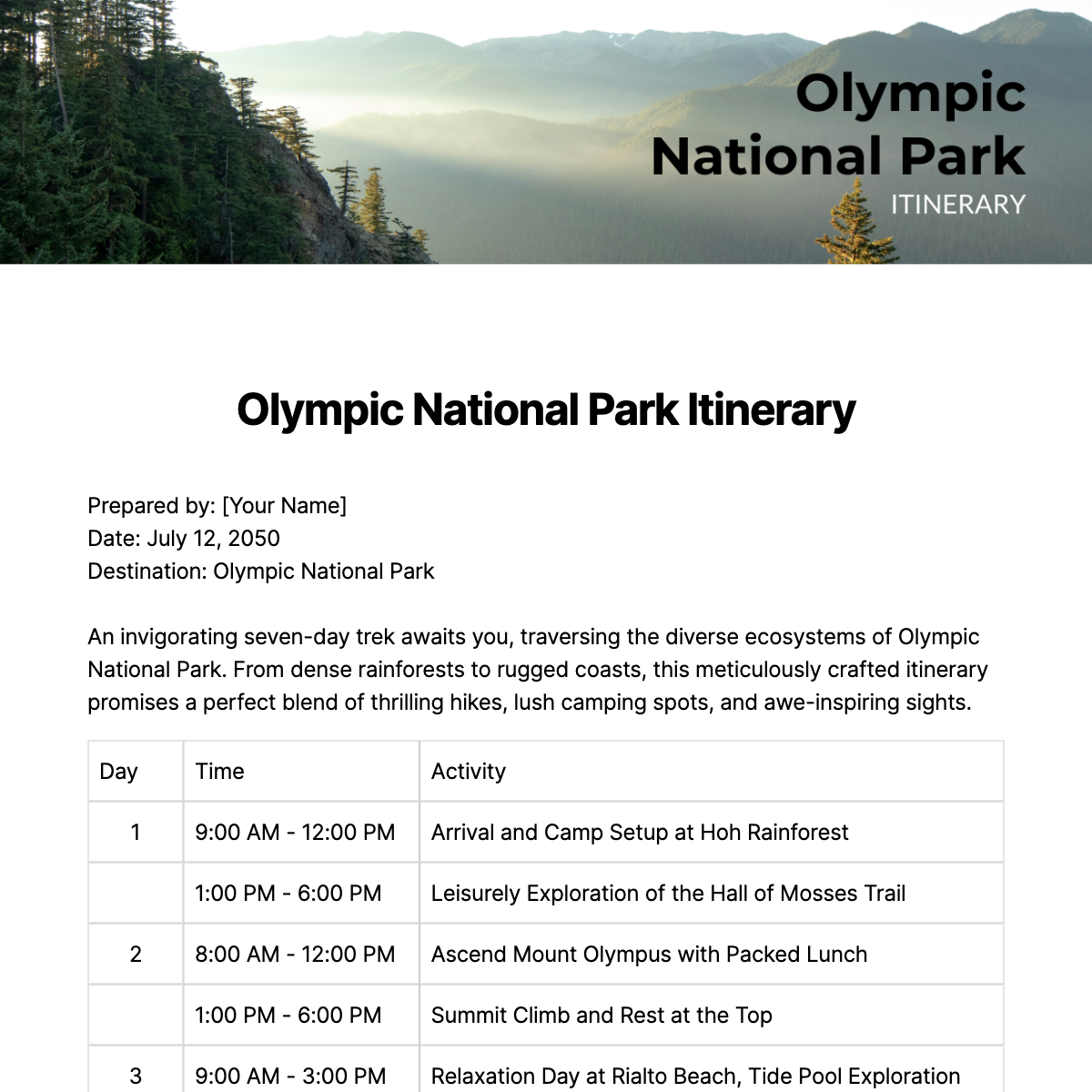 Olympic National Park Itinerary Template - Edit Online & Download