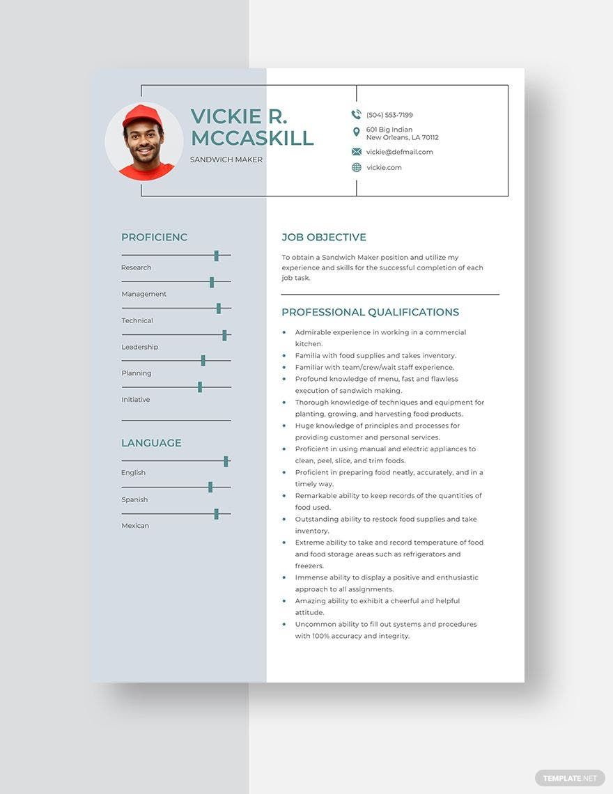 Sandwich Maker Resume in Word, Apple Pages