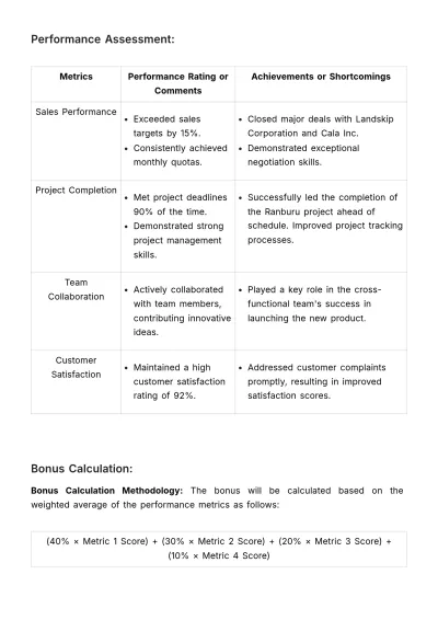 Free Performance Bonus Assessment HR Template to Edit Online