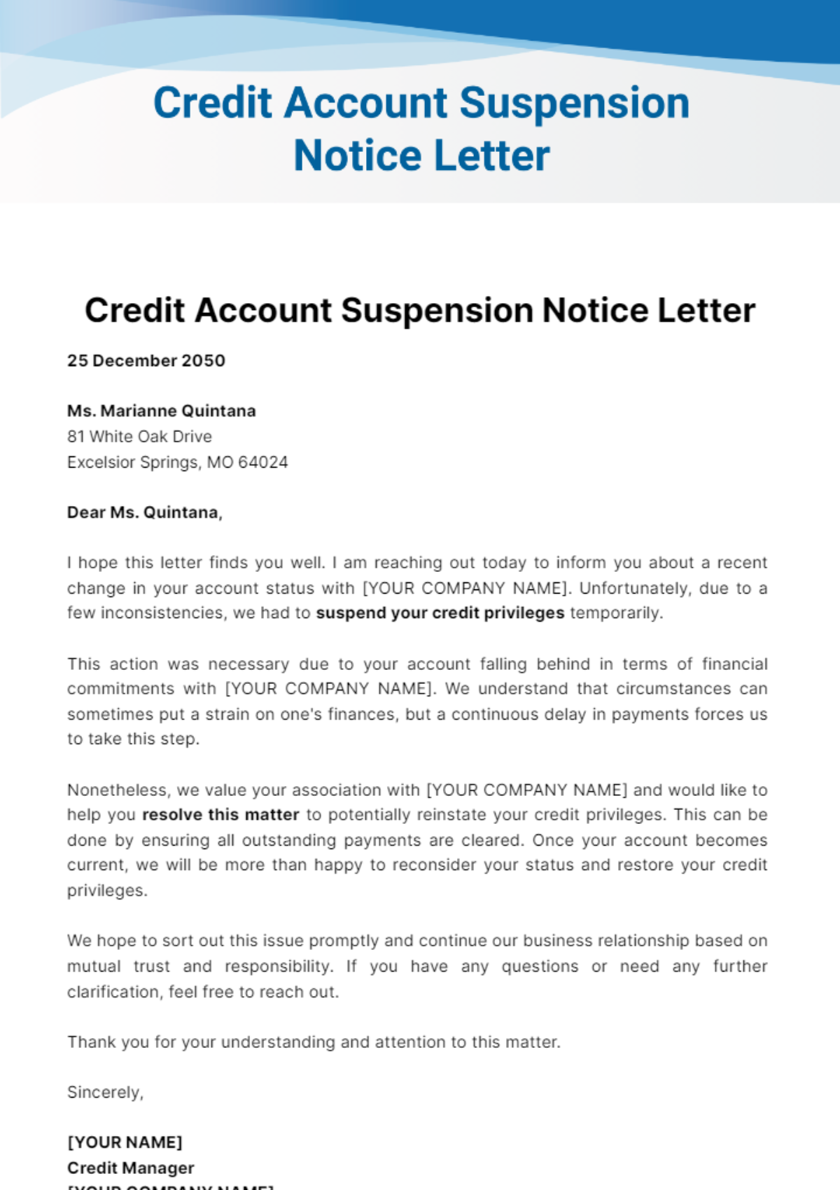 Free Credit Account Suspension Notice Letter Template