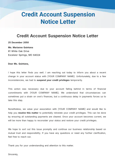 Free Credit Account Suspension Notice Letter Template to Edit Online