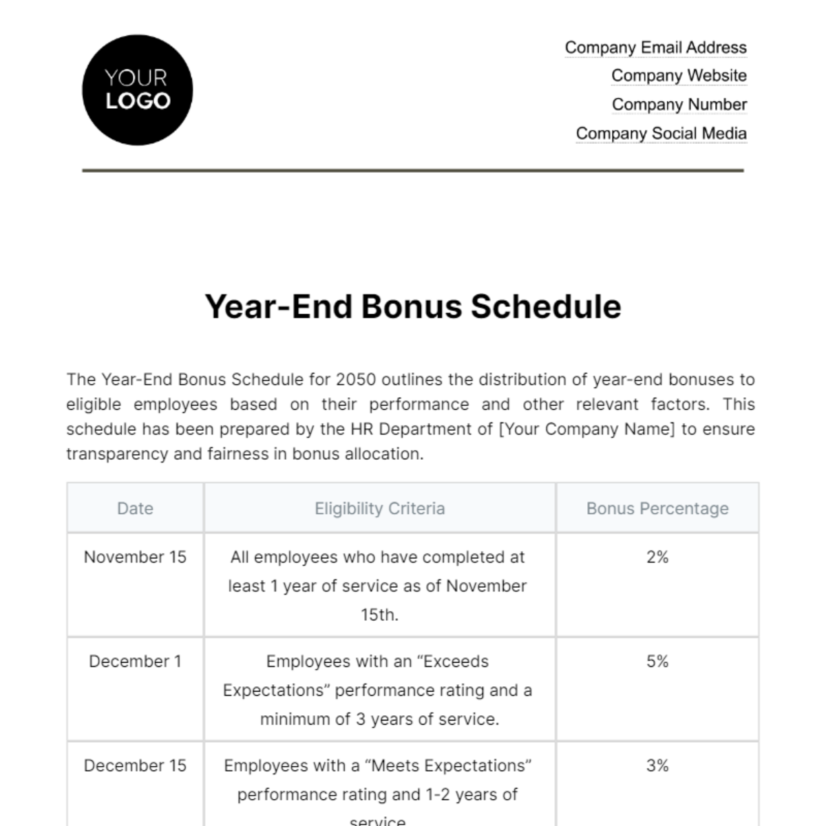 Year-End Bonus Schedule HR Template - Edit Online & Download