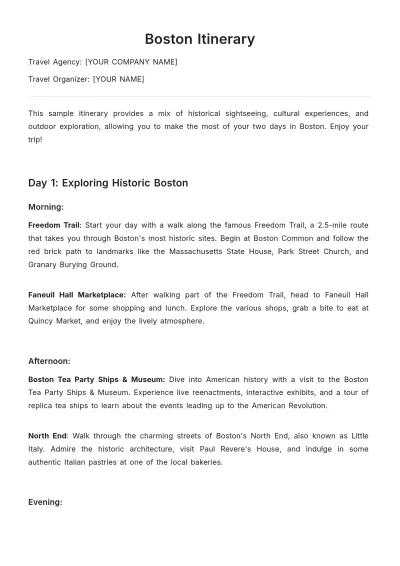 Free Boston Itinerary Template to Edit Online