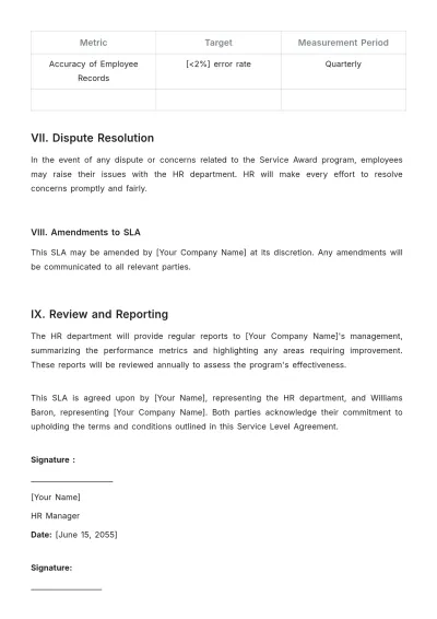 Free Service Award SLA HR Template to Edit Online