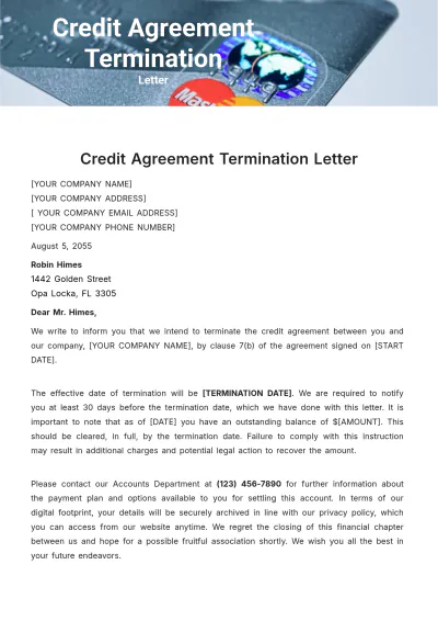 Free Credit Agreement Termination Letter Template to Edit Online