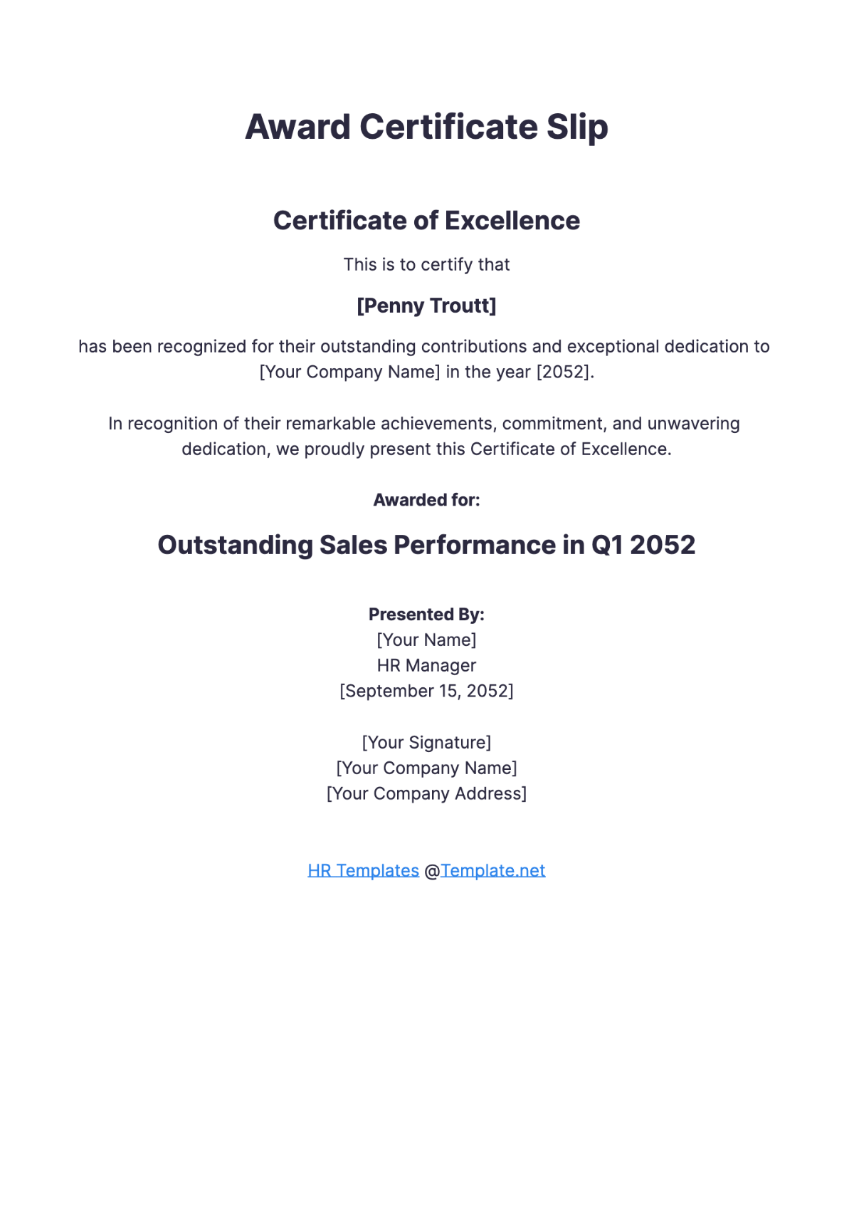 Award Certificate Slip HR Template - Edit Online & Download