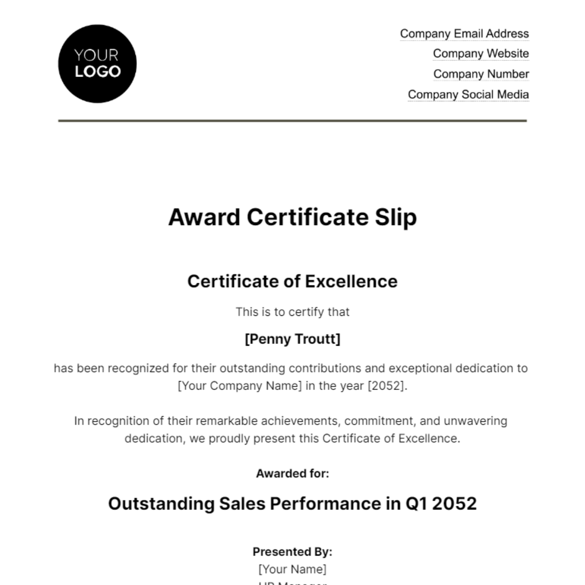 Award Certificate Slip HR Template