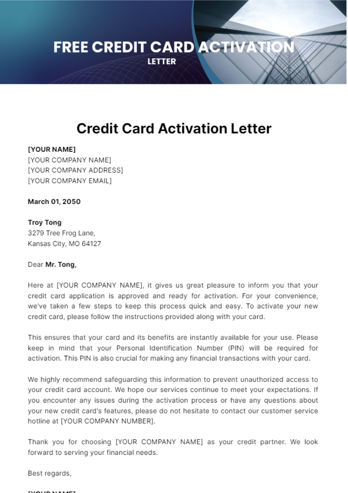 Credit Card Activation Letter Template