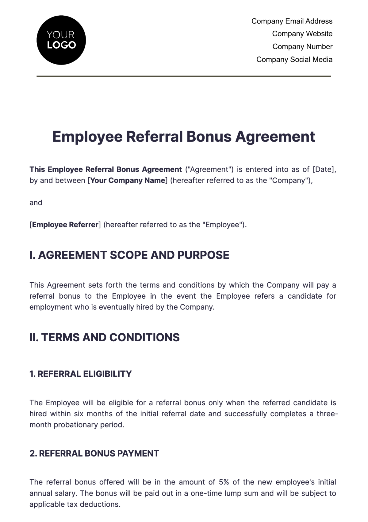 Employee Referral Bonus Agreement HR Template - Edit Online & Download