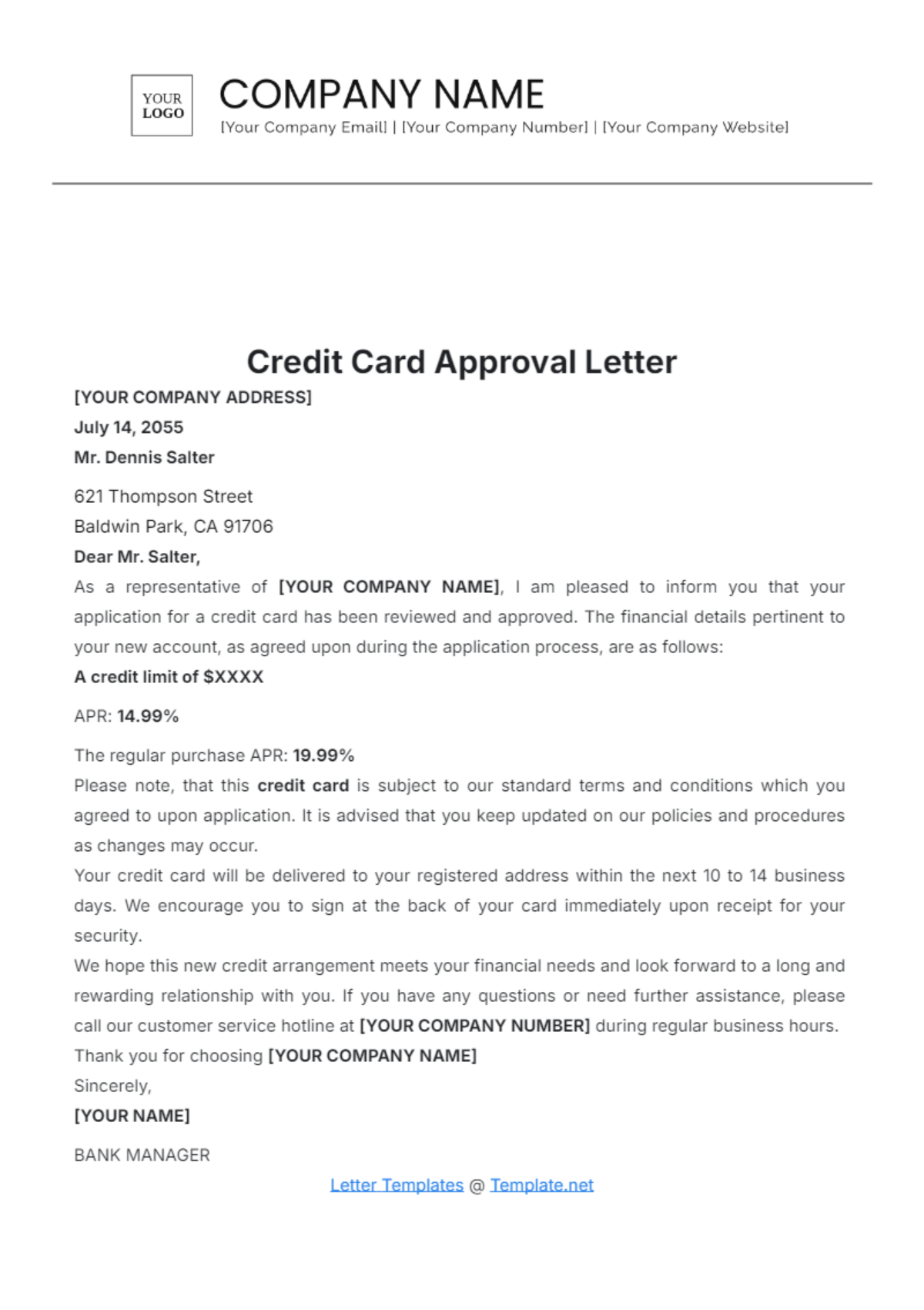 Credit Card Approval Letter Template