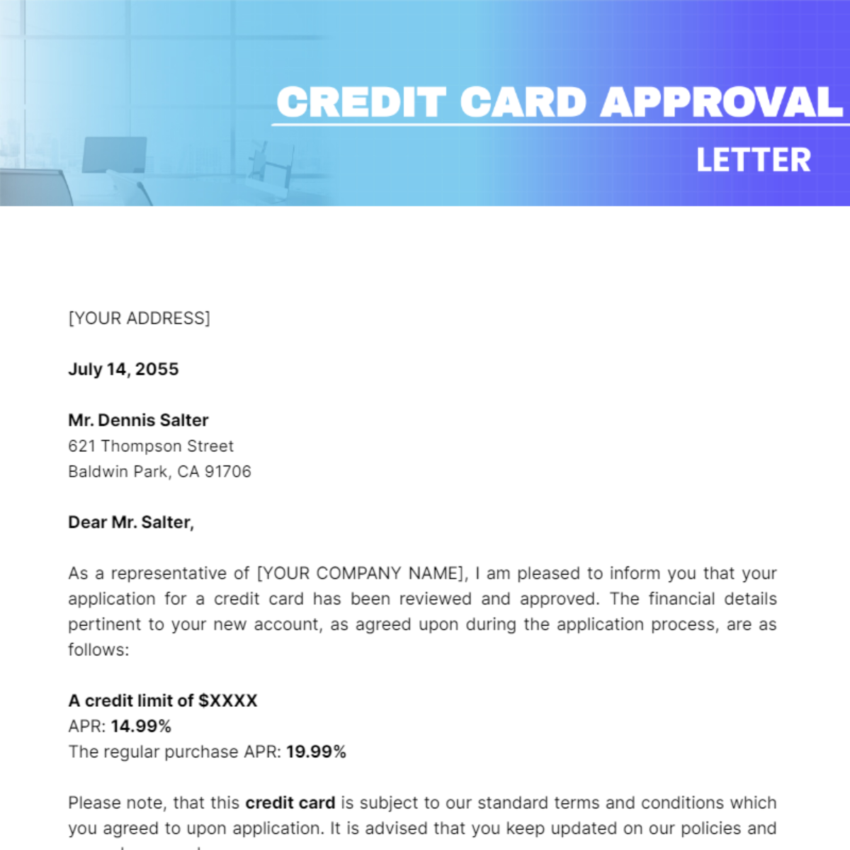 Credit Card Approval Letter Template Edit Online And Download Example 3015