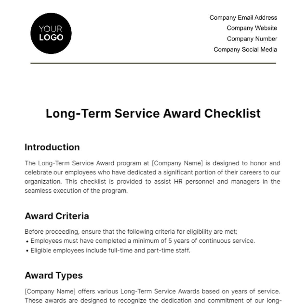 Long-Term Service Award Checklist HR Template