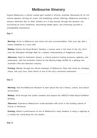 Free Melbourne Itinerary Template to Edit Online