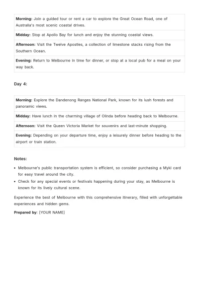 Free Melbourne Itinerary Template to Edit Online