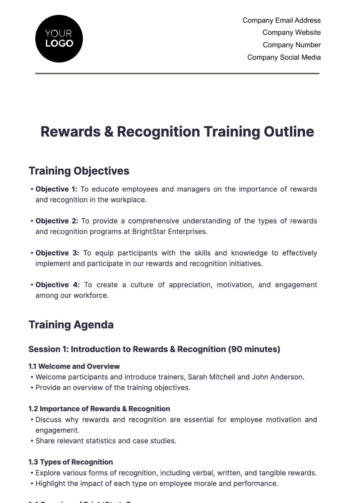 Rewards & Recognition Training Outline HR Template - Edit Online & Download