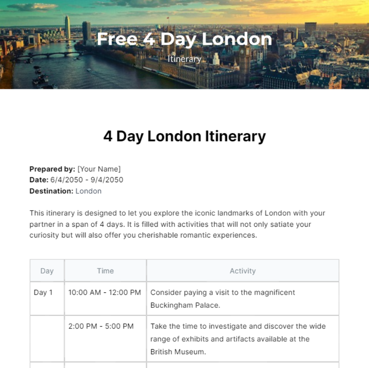 4 Day London Itinerary Template - Edit Online &amp; Download Example ...