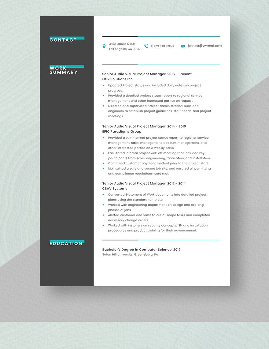 project manager visual resume