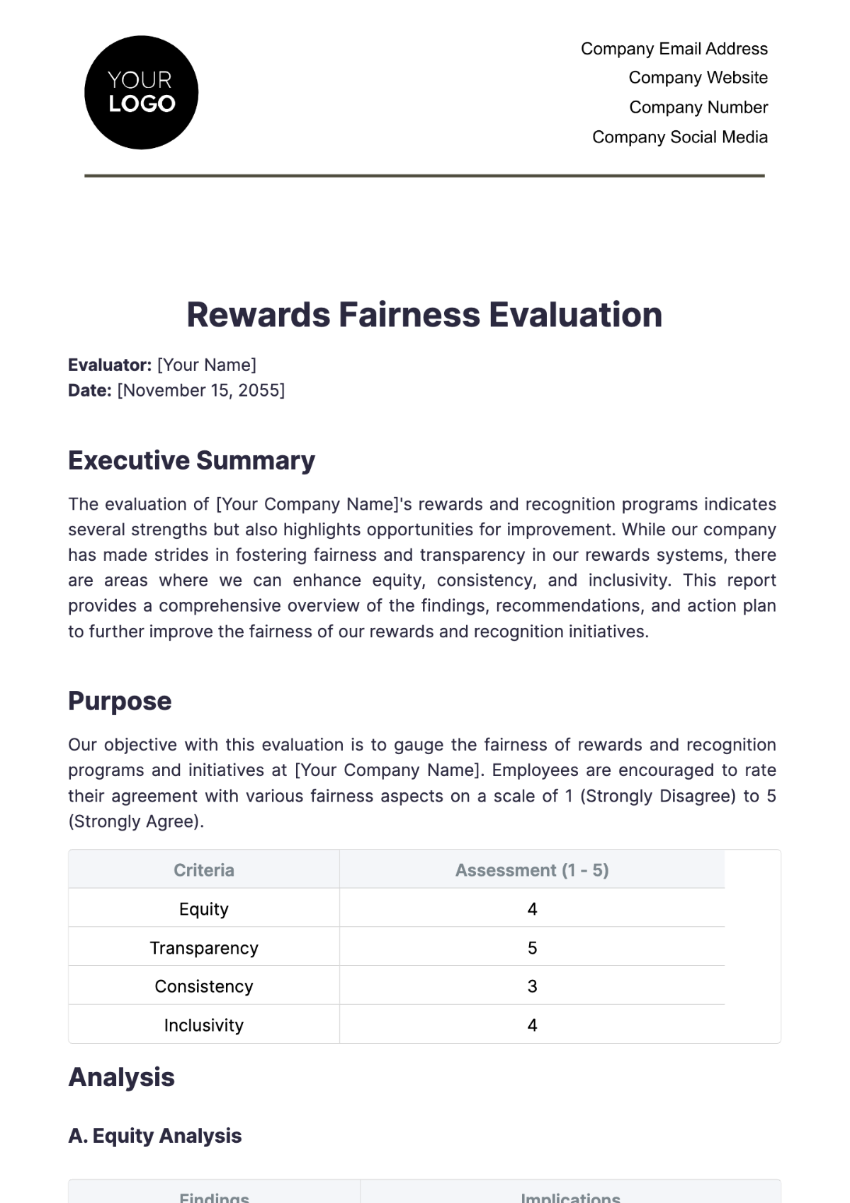 Rewards Fairness Evaluation HR Template - Edit Online & Download