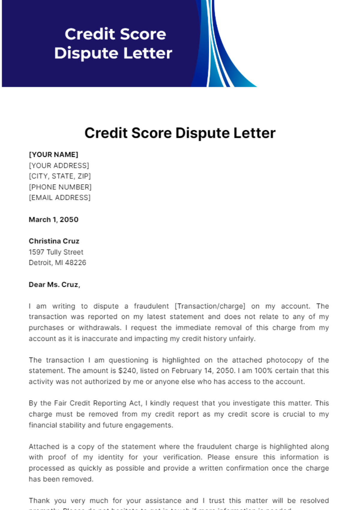 Credit Score Dispute Letter Template