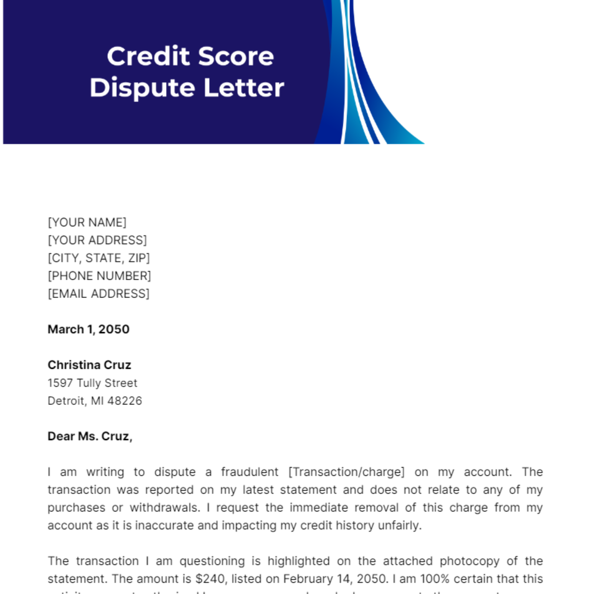 Credit Score Dispute Letter Template - Edit Online & Download Example