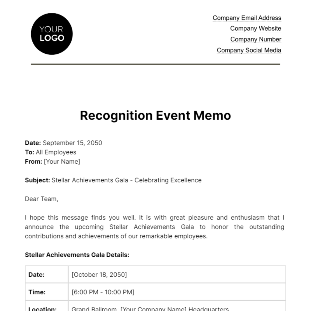Recognition Event Memo HR Template