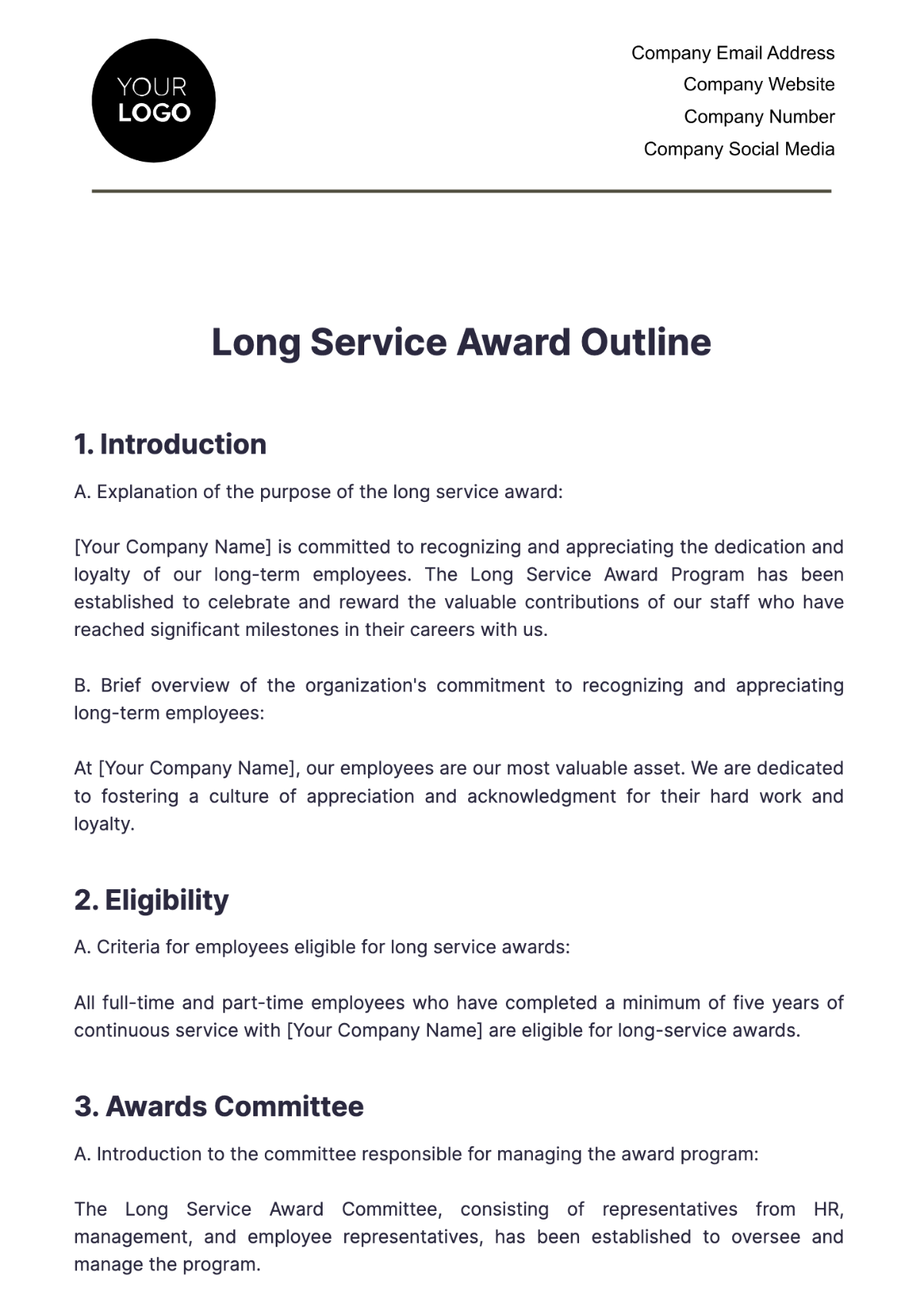 Long Service Award Outline HR Template - Edit Online & Download