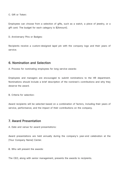 Free Long Service Award Outline HR Template to Edit Online