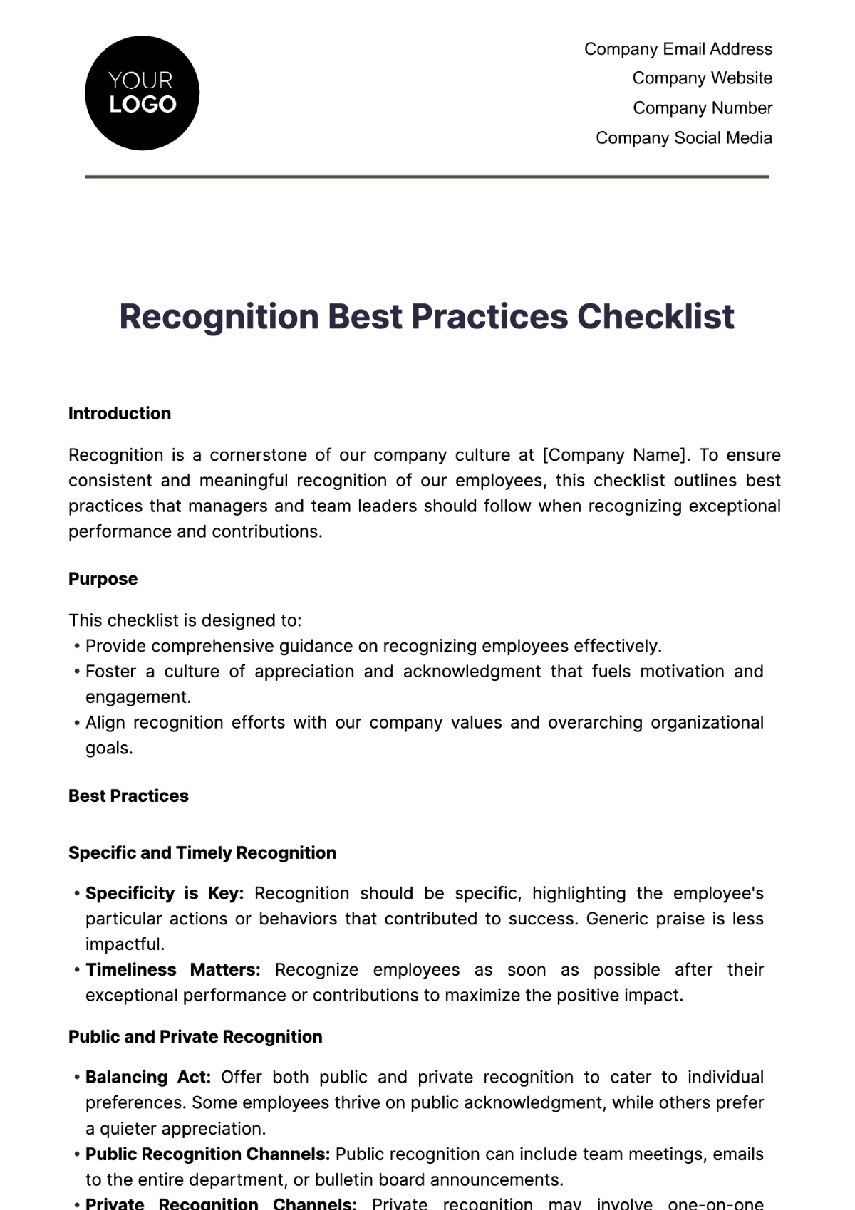 Recognition Best Practices Checklist HR Template - Edit Online & Download