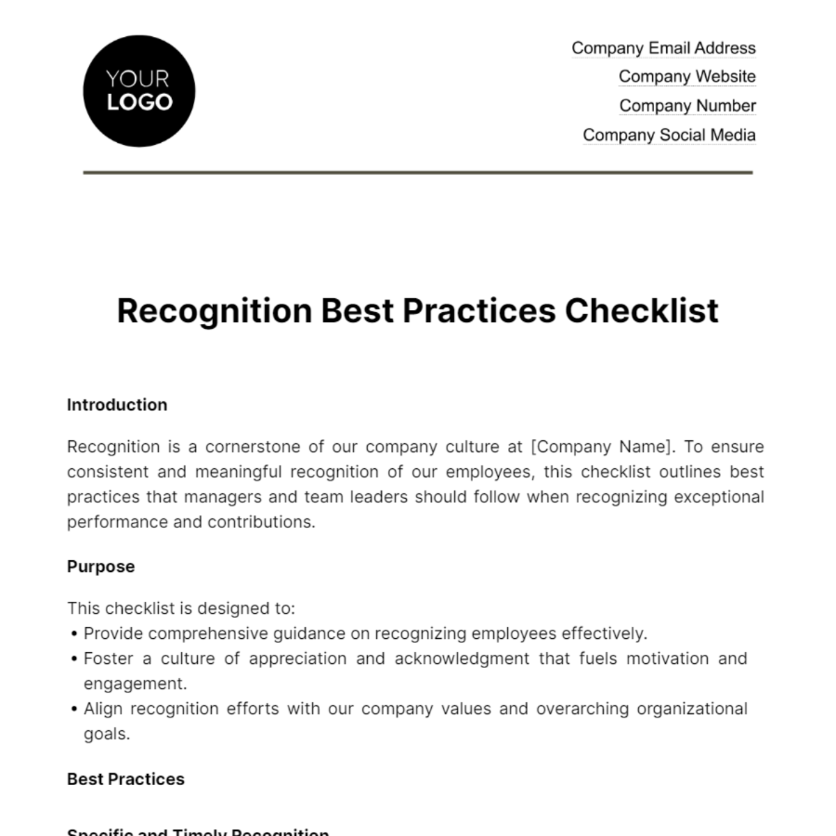 Recognition Best Practices Checklist HR Template